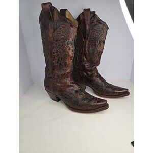 Corral Wms Leather Boots Dark Brown With Green Fleur De Lis 8.5 Made In Mexico